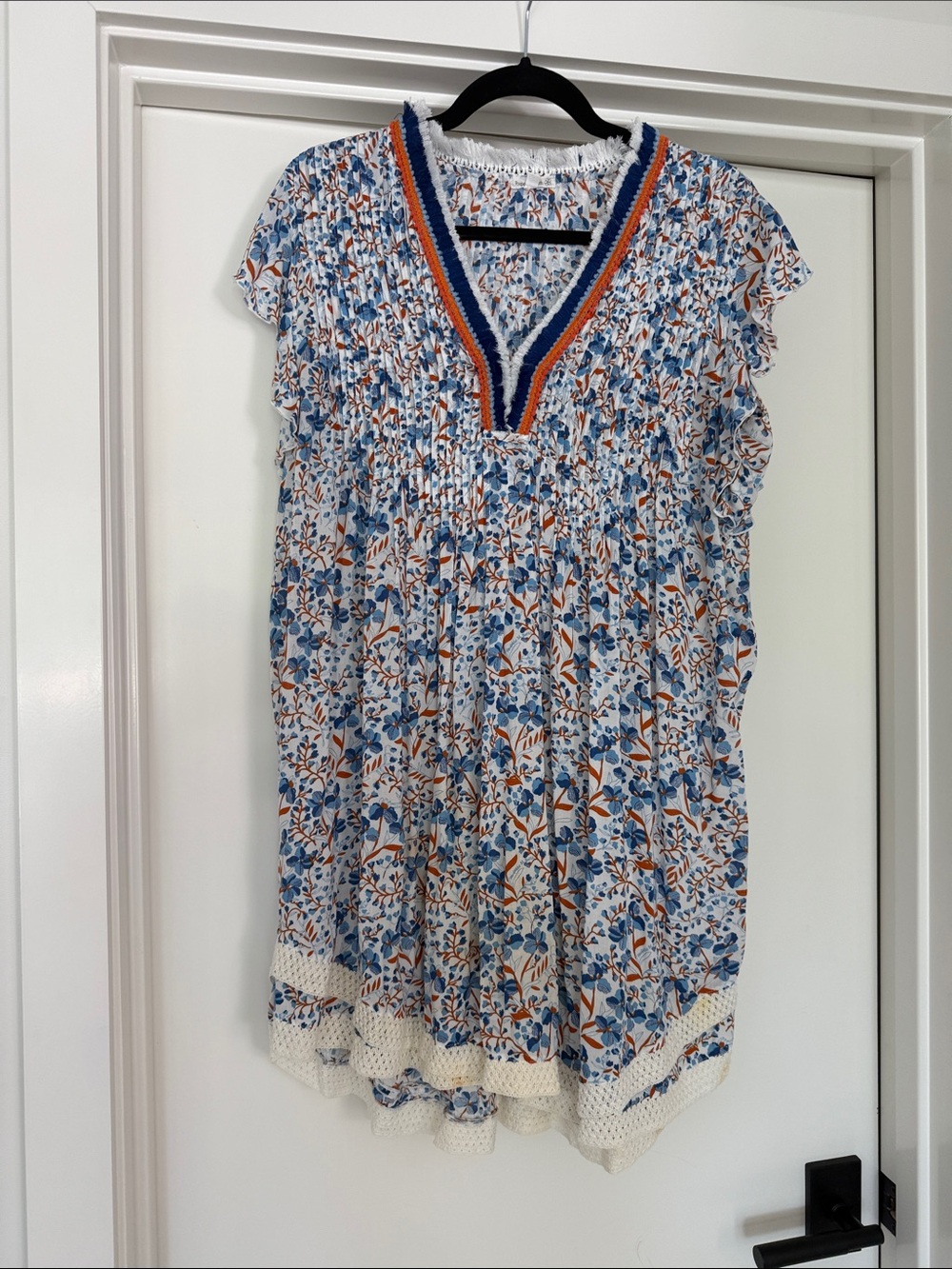 Poupette St. Barth Blue and Orange Floral Smocked V-Neck Dress